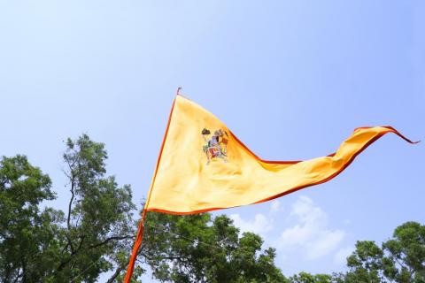 Rama Navami waving flag behind green trees