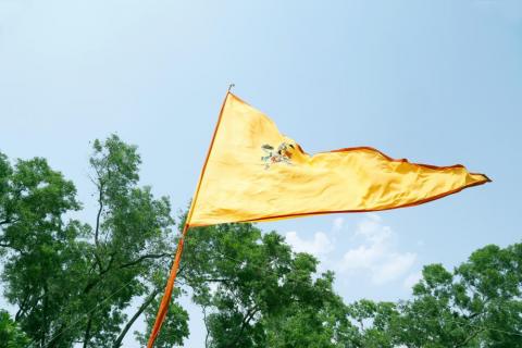 Rama Navami waving flag behind green trees