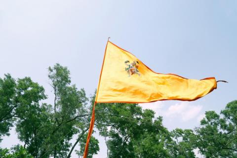 Rama Navami waving flag behind green trees