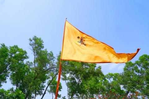 Rama Navami waving flag behind green trees