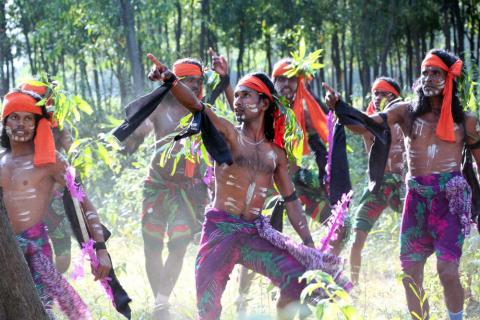 Group of the male artists performing shikari dance in