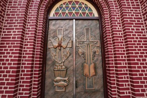 Outdoor closeup view of the church