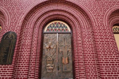 Outdoor closeup view of the church