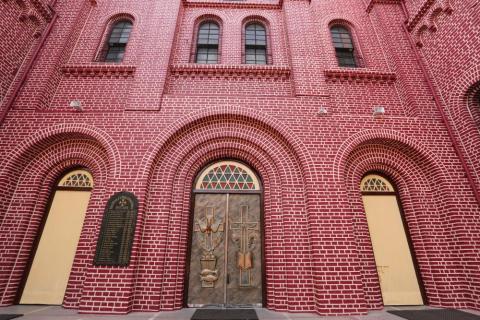 Outdoor closeup view of the church