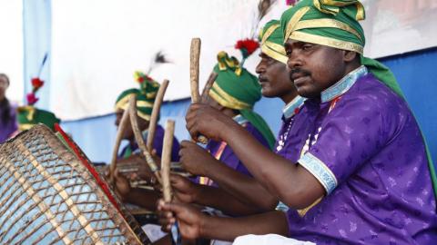 Group of artists playing musical instrument