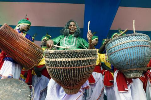 Group of artists playing musical instrument