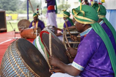 Group of artists playing musical instrument